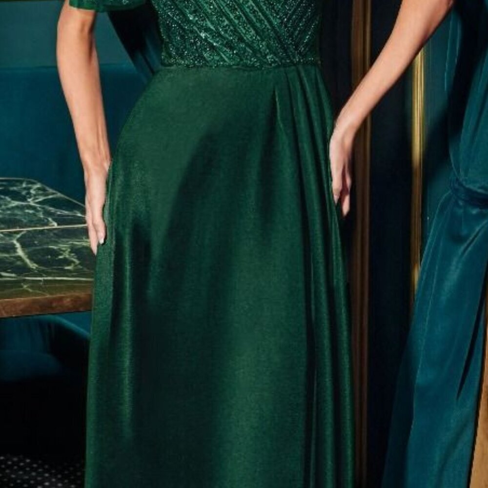 New A-Line Sequins Embellished Beaded Satin Dress w/ Butterfly Sleeves CD CC447 - Picture 5 of 6